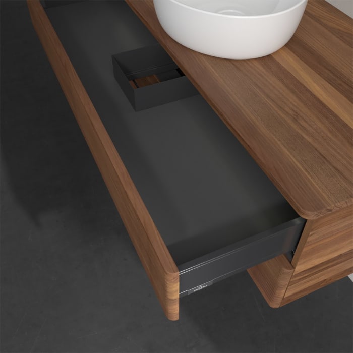 Villeroy & Boch Antao Waschbeckenunterschrank, 120 x 36 cm, 2 Auszüge mit LED-Licht, Front mit Struktur, ohne Hahnloch, für Waschtisch mittig