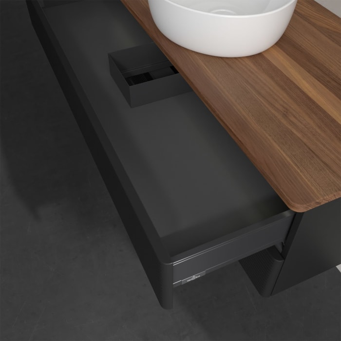 Villeroy & Boch Antao Waschbeckenunterschrank, 120 x 36 cm, 2 Auszüge mit LED-Licht, Front mit Struktur, ohne Hahnloch, für Waschtisch mittig