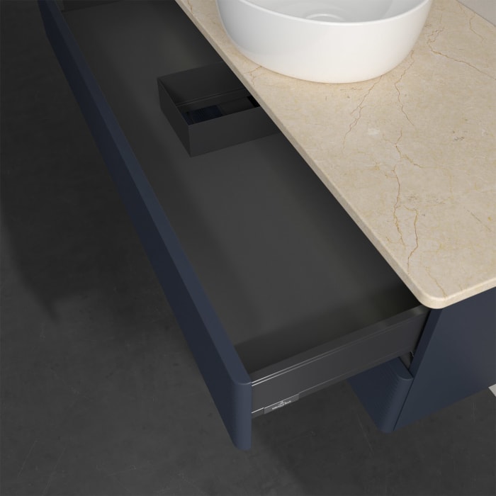 Villeroy & Boch Antao Waschbeckenunterschrank, 120 x 36 cm, 2 Auszüge mit LED-Licht, Front mit Struktur, ohne Hahnloch, für Waschtisch mittig