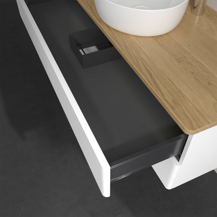 Villeroy & Boch Antao Waschbeckenunterschrank, 120 x 36 cm, 2 Auszüge mit LED-Licht, Front mit Struktur, mit Hahnloch, für Waschtisch mittig