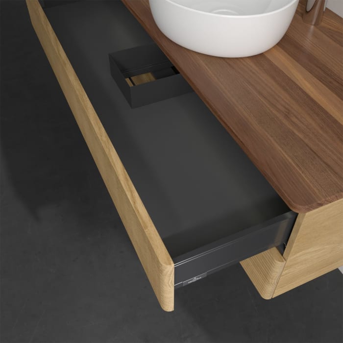 Villeroy & Boch Antao Waschbeckenunterschrank, 120 x 36 cm, 2 Auszüge mit LED-Licht, Front mit Struktur, mit Hahnloch, für Waschtisch mittig