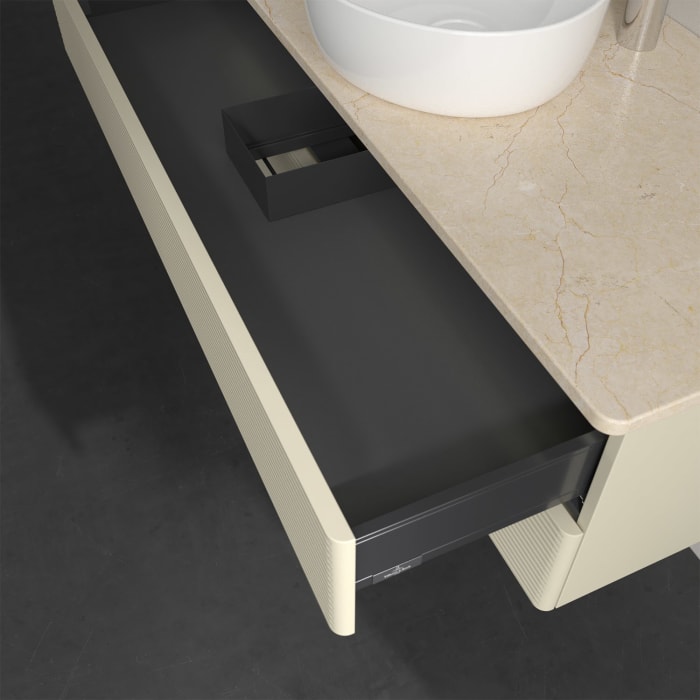 Villeroy & Boch Antao Waschbeckenunterschrank, 120 x 36 cm, 2 Auszüge mit LED-Licht, Front mit Struktur, mit Hahnloch, für Waschtisch mittig