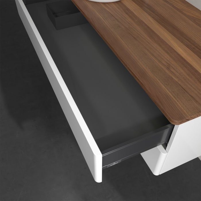 Villeroy & Boch Antao Waschbeckenunterschrank, 120 x 36 cm, 2 Auszüge mit LED-Licht, Front ohne Struktur, mit Hahnloch, für Waschtisch links