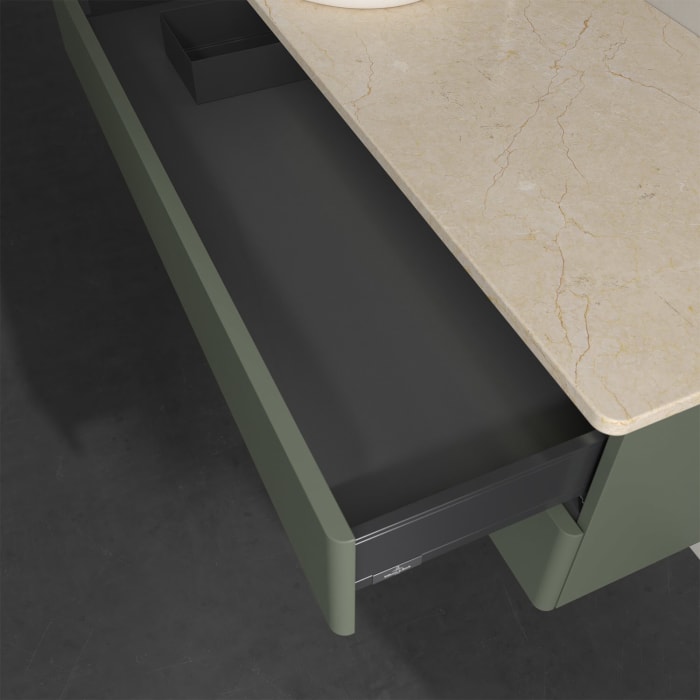 Villeroy & Boch Antao Waschbeckenunterschrank, 120 x 36 cm, 2 Auszüge mit LED-Licht, Front ohne Struktur, mit Hahnloch, für Waschtisch links