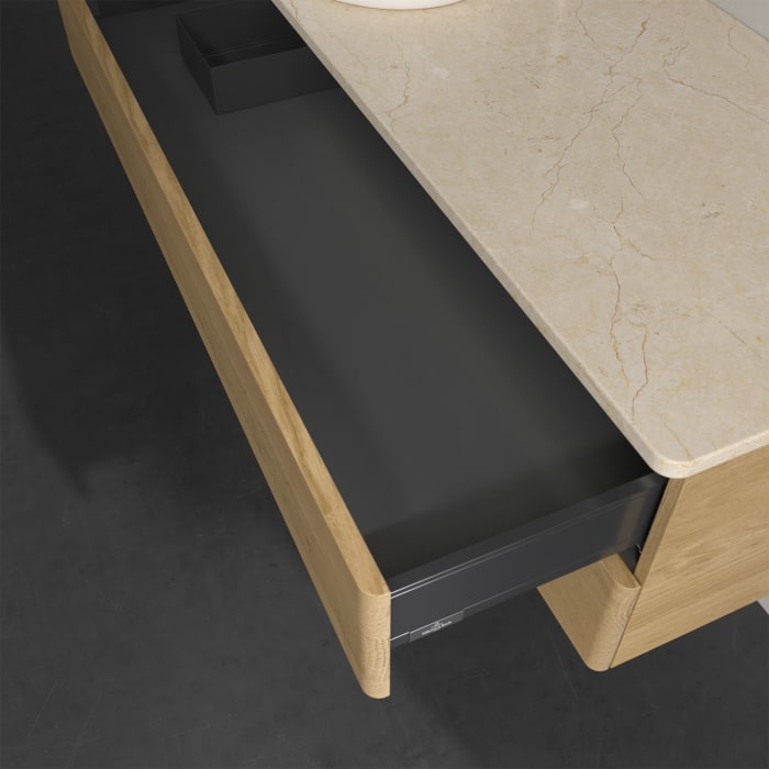 Villeroy & Boch Antao Waschbeckenunterschrank, 120 x 36 cm, 2 Auszüge mit LED-Licht, Front ohne Struktur, mit Hahnloch, für Waschtisch links