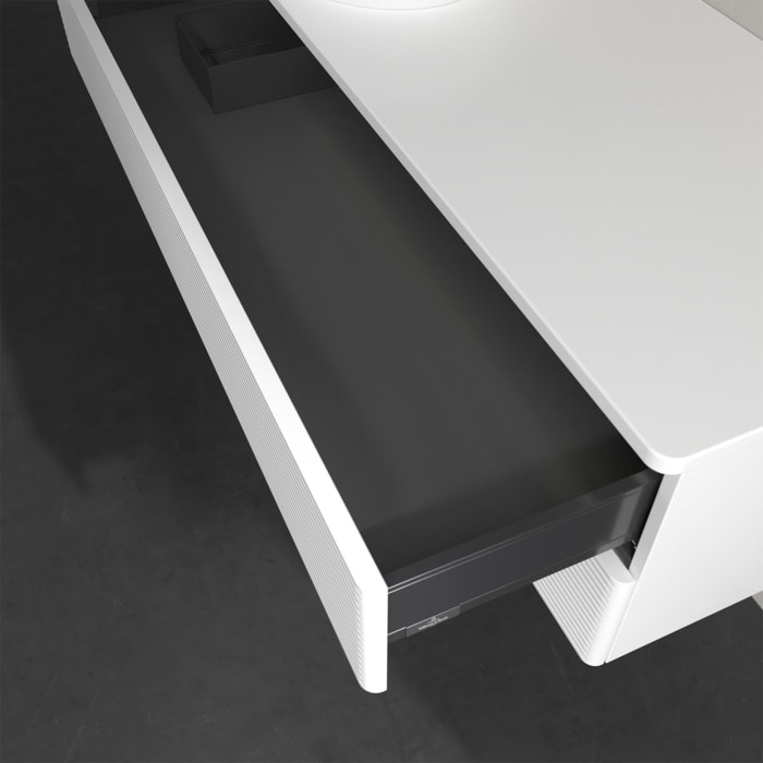 Villeroy & Boch Antao Waschbeckenunterschrank, 120 x 36 cm, 2 Auszüge mit LED-Licht, Front mit Struktur, ohne Hahnloch, für Waschtisch links