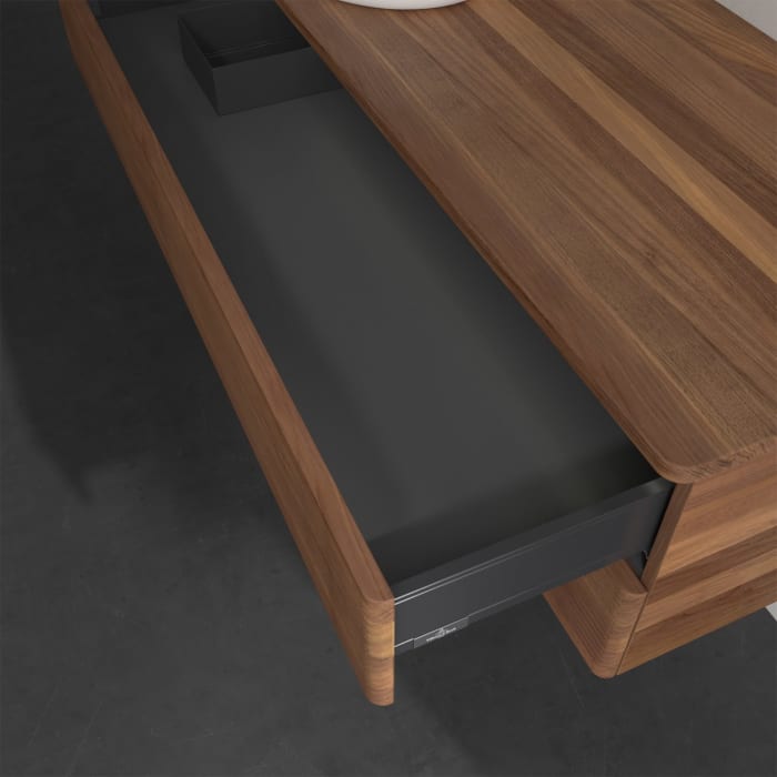 Villeroy & Boch Antao Waschbeckenunterschrank, 120 x 36 cm, 2 Auszüge mit LED-Licht, Front mit Struktur, ohne Hahnloch, für Waschtisch links