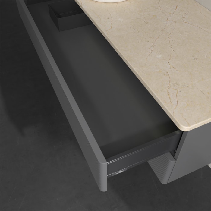 Villeroy & Boch Antao Waschbeckenunterschrank, 120 x 36 cm, 2 Auszüge mit LED-Licht, Front mit Struktur, ohne Hahnloch, für Waschtisch links