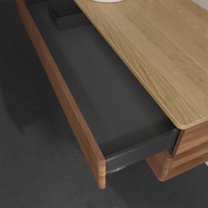 Villeroy & Boch Antao Waschbeckenunterschrank, 120 x 36 cm, 2 Auszüge mit LED-Licht, Front mit Struktur, mit Hahnloch, für Waschtisch links