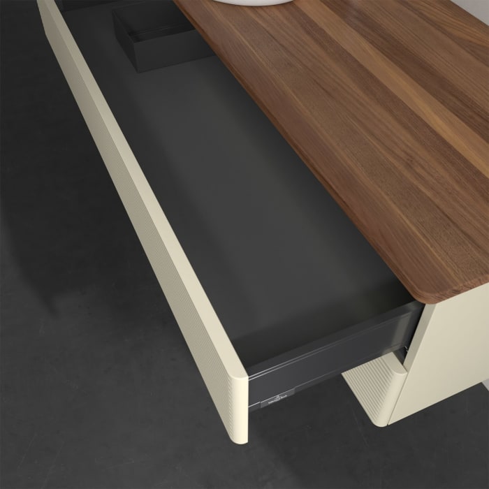 Villeroy & Boch Antao Waschbeckenunterschrank, 120 x 36 cm, 2 Auszüge mit LED-Licht, Front mit Struktur, mit Hahnloch, für Waschtisch links