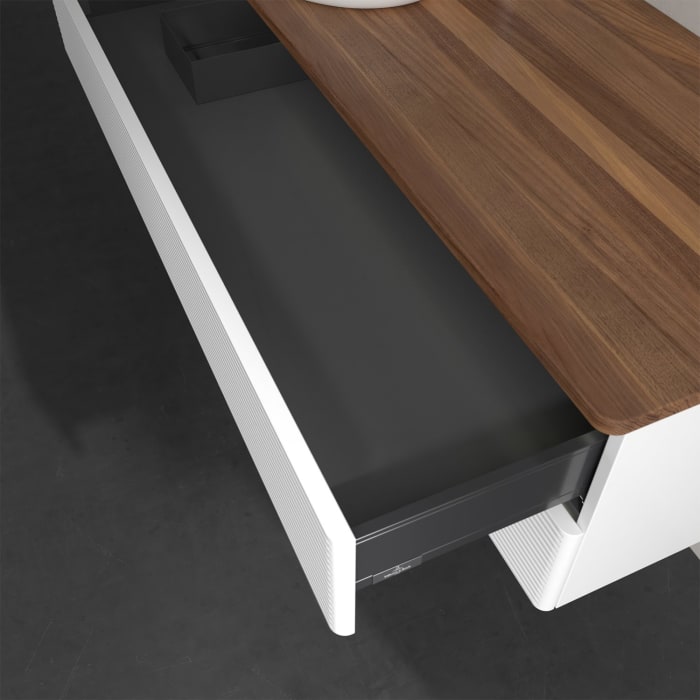 Villeroy & Boch Antao Waschbeckenunterschrank, 120 x 36 cm, 2 Auszüge mit LED-Licht, Front mit Struktur, mit Hahnloch, für Waschtisch links