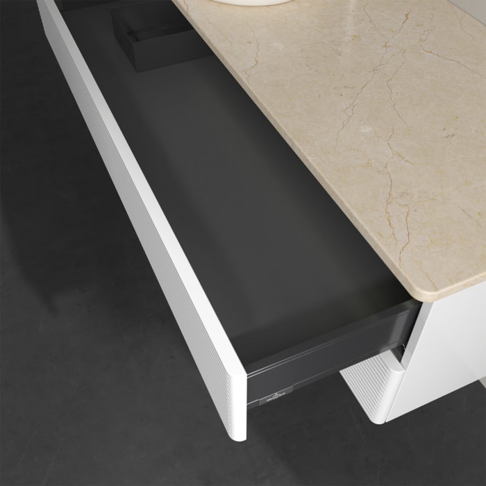 Villeroy & Boch Antao Waschbeckenunterschrank, 120 x 36 cm, 2 Auszüge mit LED-Licht, Front mit Struktur, mit Hahnloch, für Waschtisch links