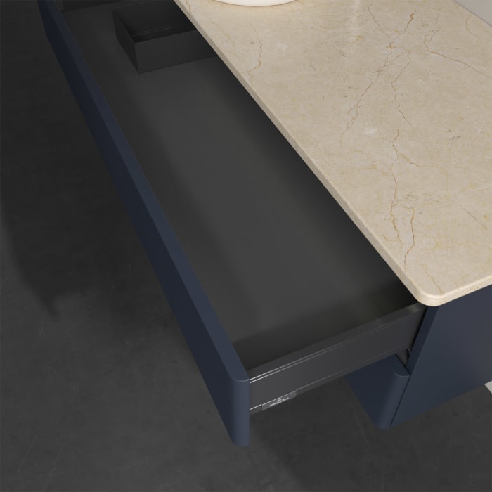 Villeroy & Boch Antao Waschbeckenunterschrank, 120 x 36 cm, 2 Auszüge mit LED-Licht, Front mit Struktur, mit Hahnloch, für Waschtisch links