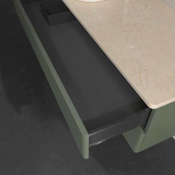 Villeroy & Boch Antao Waschbeckenunterschrank, 120 x 36 cm, 2 Auszüge mit LED-Licht, Front mit Struktur, mit Hahnloch, für Waschtisch links