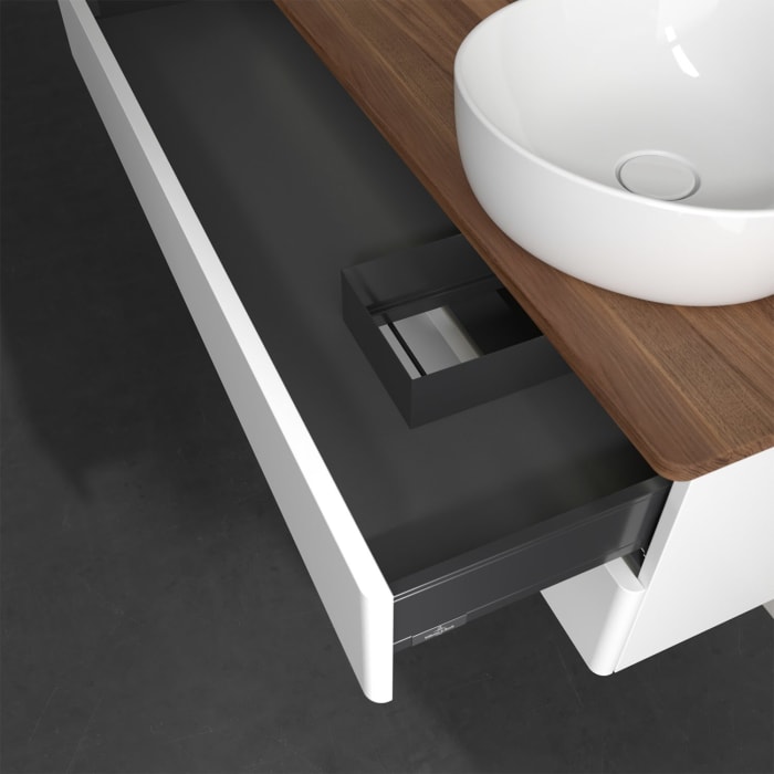 Villeroy & Boch Antao Waschbeckenunterschrank, 120 x 36 cm, 2 Auszüge mit LED-Licht, Front ohne Struktur, mit Hahnloch, für Waschtisch rechts