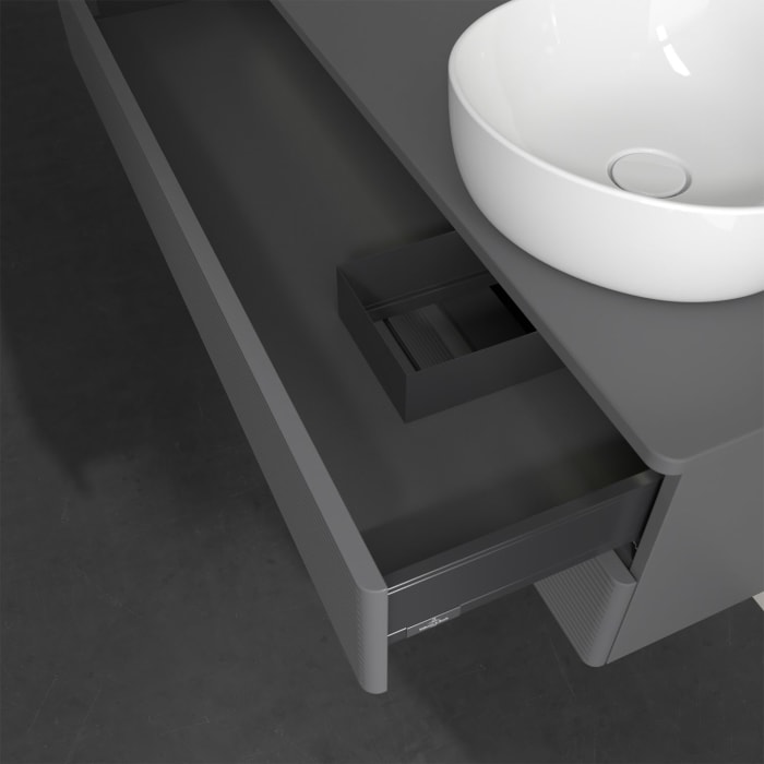 Villeroy & Boch Antao Waschbeckenunterschrank, 120 x 36 cm, 2 Auszüge mit LED-Licht, Front mit Struktur, ohne Hahnloch, für Waschtisch rechts