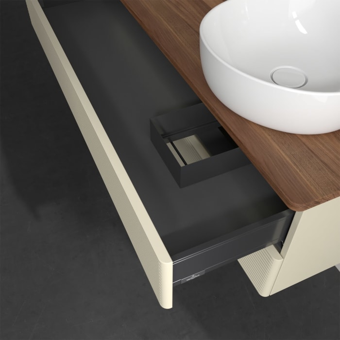 Villeroy & Boch Antao Waschbeckenunterschrank, 120 x 36 cm, 2 Auszüge mit LED-Licht, Front mit Struktur, ohne Hahnloch, für Waschtisch rechts