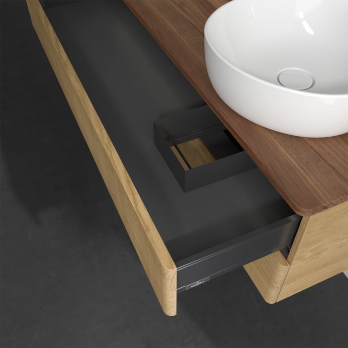 Villeroy & Boch Antao Waschbeckenunterschrank, 120 x 36 cm, 2 Auszüge mit LED-Licht, Front mit Struktur, ohne Hahnloch, für Waschtisch rechts