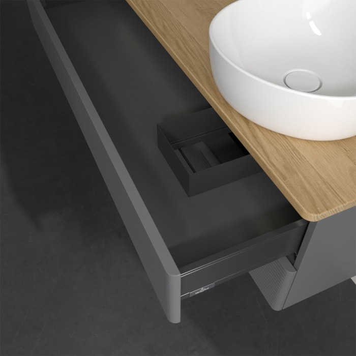 Villeroy & Boch Antao Waschbeckenunterschrank, 120 x 36 cm, 2 Auszüge mit LED-Licht, Front mit Struktur, mit Hahnloch, für Waschtisch rechts