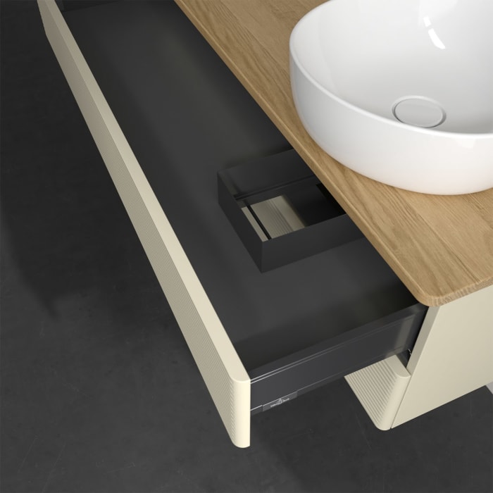 Villeroy & Boch Antao Waschbeckenunterschrank, 120 x 36 cm, 2 Auszüge mit LED-Licht, Front mit Struktur, mit Hahnloch, für Waschtisch rechts