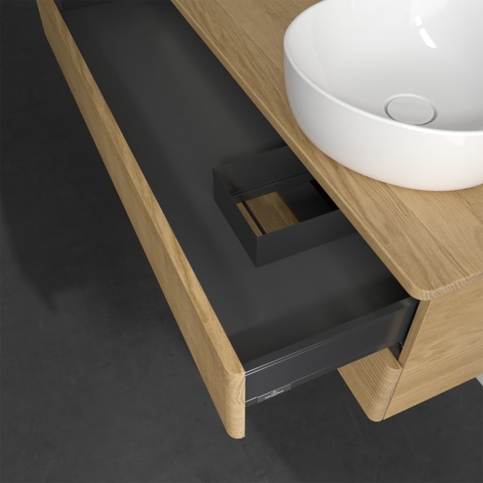 Villeroy & Boch Antao Waschbeckenunterschrank, 120 x 36 cm, 2 Auszüge mit LED-Licht, Front mit Struktur, mit Hahnloch, für Waschtisch rechts