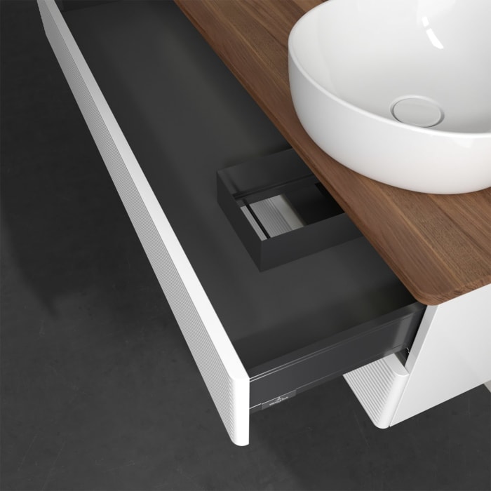 Villeroy & Boch Antao Waschbeckenunterschrank, 120 x 36 cm, 2 Auszüge mit LED-Licht, Front mit Struktur, mit Hahnloch, für Waschtisch rechts