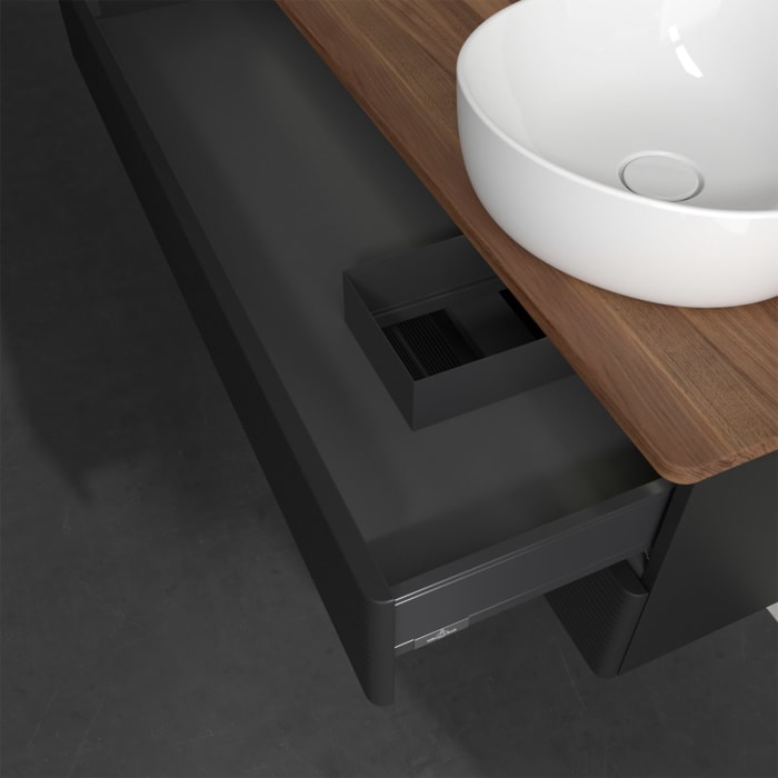 Villeroy & Boch Antao Waschbeckenunterschrank, 120 x 36 cm, 2 Auszüge mit LED-Licht, Front mit Struktur, mit Hahnloch, für Waschtisch rechts