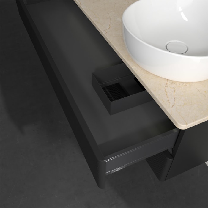 Villeroy & Boch Antao Waschbeckenunterschrank, 120 x 36 cm, 2 Auszüge mit LED-Licht, Front mit Struktur, mit Hahnloch, für Waschtisch rechts