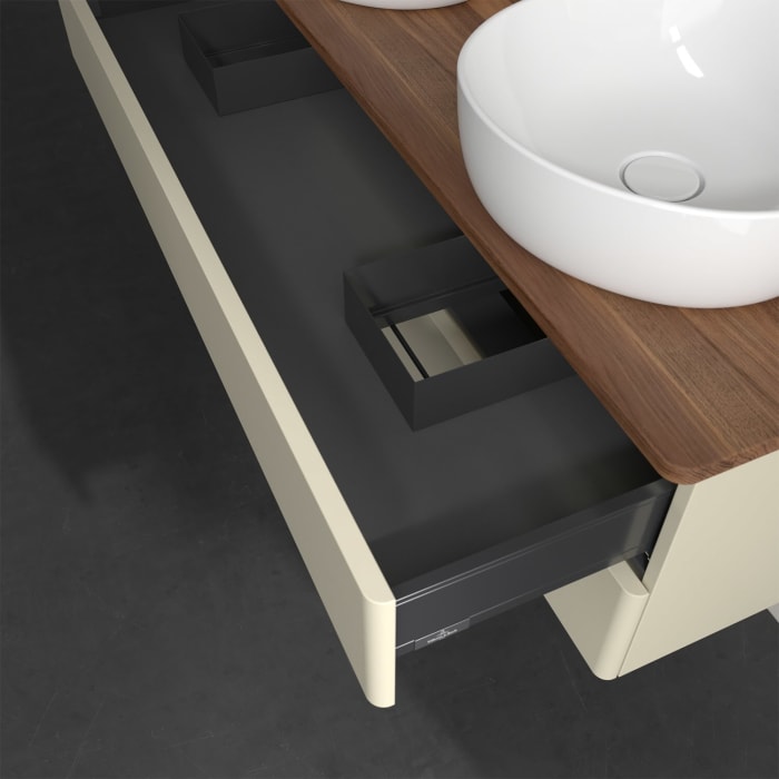 Villeroy & Boch Antao Waschbeckenunterschrank, 120 x 36 cm, 2 Auszüge mit LED-Licht, Front ohne Struktur, mit Hahnloch, für Waschtisch links und recht