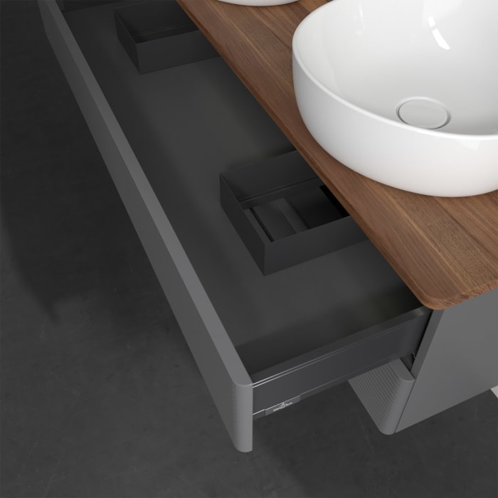 Villeroy & Boch Antao Waschbeckenunterschrank, 120 x 36 cm, 2 Auszüge mit LED-Licht, Front mit Struktur, ohne Hahnloch, für Waschtisch links und recht