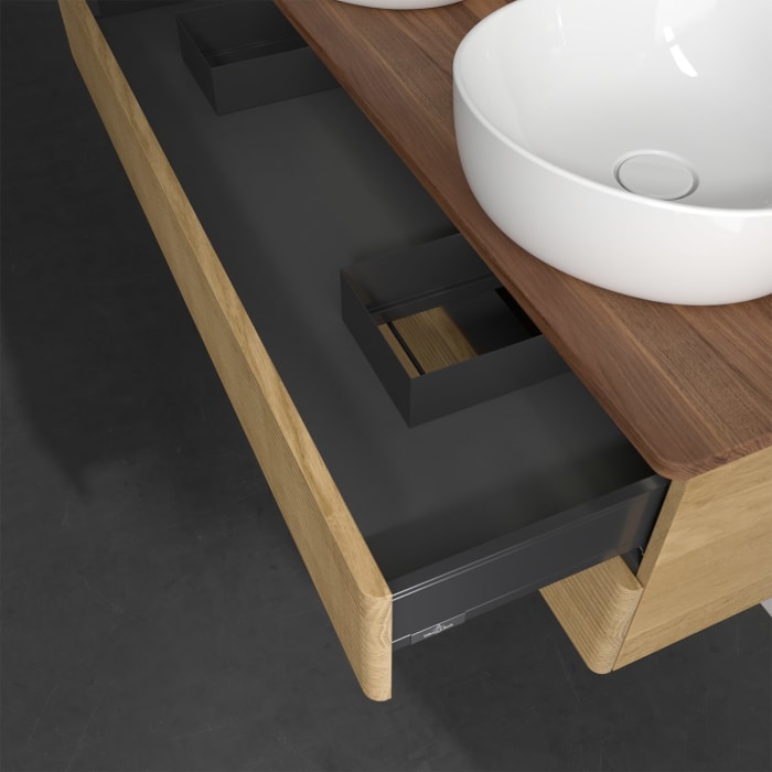 Villeroy & Boch Antao Waschbeckenunterschrank, 120 x 36 cm, 2 Auszüge mit LED-Licht, Front mit Struktur, ohne Hahnloch, für Waschtisch links und recht