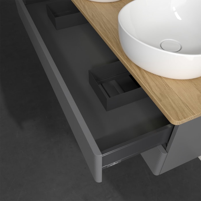 Villeroy & Boch Antao Waschbeckenunterschrank, 120 x 36 cm, 2 Auszüge mit LED-Licht, Front mit Struktur, mit Hahnloch, für Waschtisch links und rechts