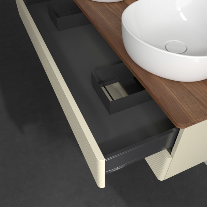 Villeroy & Boch Antao Waschbeckenunterschrank, 120 x 36 cm, 2 Auszüge mit LED-Licht, Front mit Struktur, mit Hahnloch, für Waschtisch links und rechts