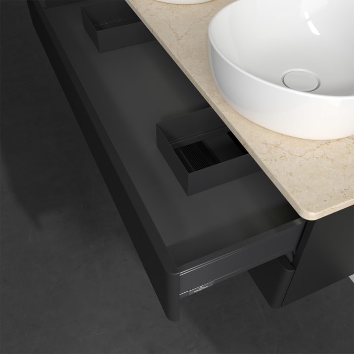 Villeroy & Boch Antao Waschbeckenunterschrank, 120 x 36 cm, 2 Auszüge mit LED-Licht, Front mit Struktur, mit Hahnloch, für Waschtisch links und rechts