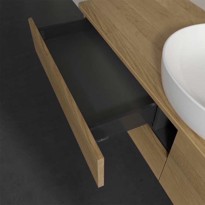 Villeroy & Boch Antao Waschbeckenunterschrank, 160 x 36 cm, 4 Auszüge mit LED-Licht, Front ohne Struktur, mit Hahnloch, für Waschtisch mittig