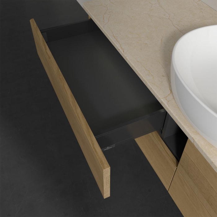 Villeroy & Boch Antao Waschbeckenunterschrank, 160 x 36 cm, 4 Auszüge mit LED-Licht, Front ohne Struktur, mit Hahnloch, für Waschtisch mittig