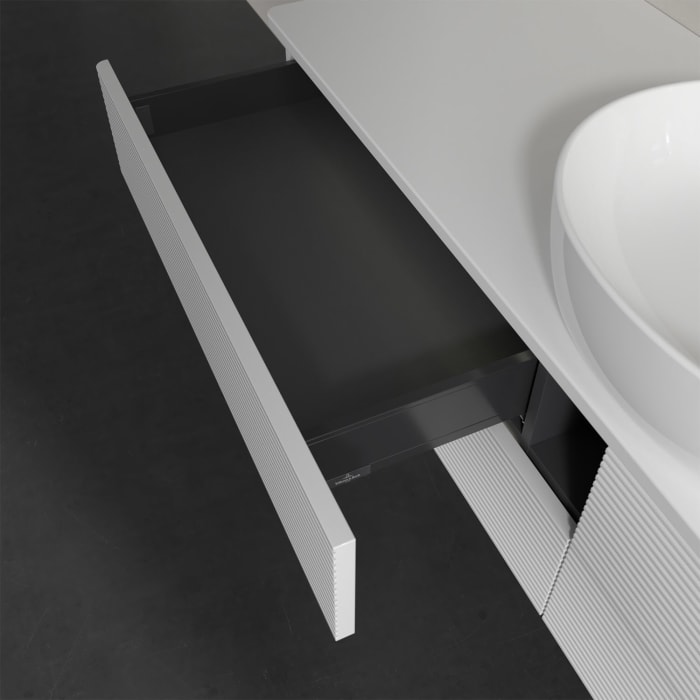 Villeroy & Boch Antao Waschbeckenunterschrank, 160 x 36 cm, 4 Auszüge mit LED-Licht, Front mit Struktur, ohne Hahnloch, für Waschtisch mittig