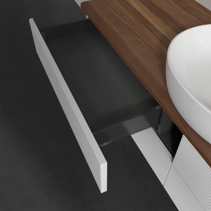 Villeroy & Boch Antao Waschbeckenunterschrank, 160 x 36 cm, 4 Auszüge mit LED-Licht, Front mit Struktur, ohne Hahnloch, für Waschtisch mittig