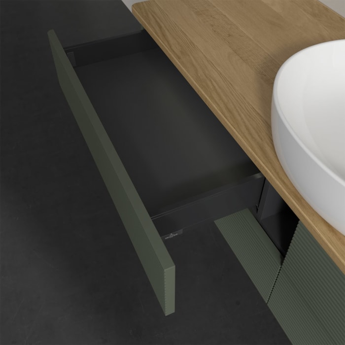 Villeroy & Boch Antao Waschbeckenunterschrank, 160 x 36 cm, 4 Auszüge mit LED-Licht, Front mit Struktur, mit Hahnloch, für Waschtisch mittig