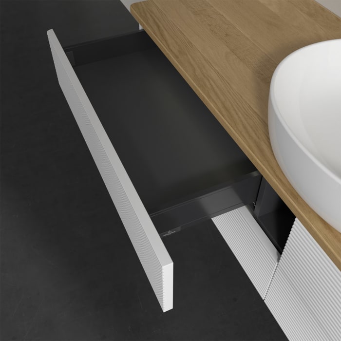 Villeroy & Boch Antao Waschbeckenunterschrank, 160 x 36 cm, 4 Auszüge mit LED-Licht, Front mit Struktur, mit Hahnloch, für Waschtisch mittig