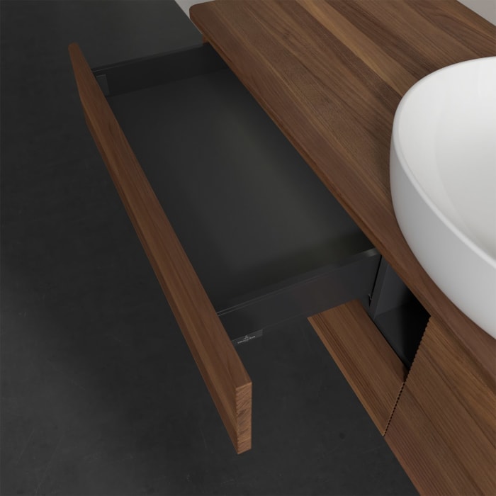 Villeroy & Boch Antao Waschbeckenunterschrank, 160 x 36 cm, 4 Auszüge mit LED-Licht, Front mit Struktur, mit Hahnloch, für Waschtisch mittig