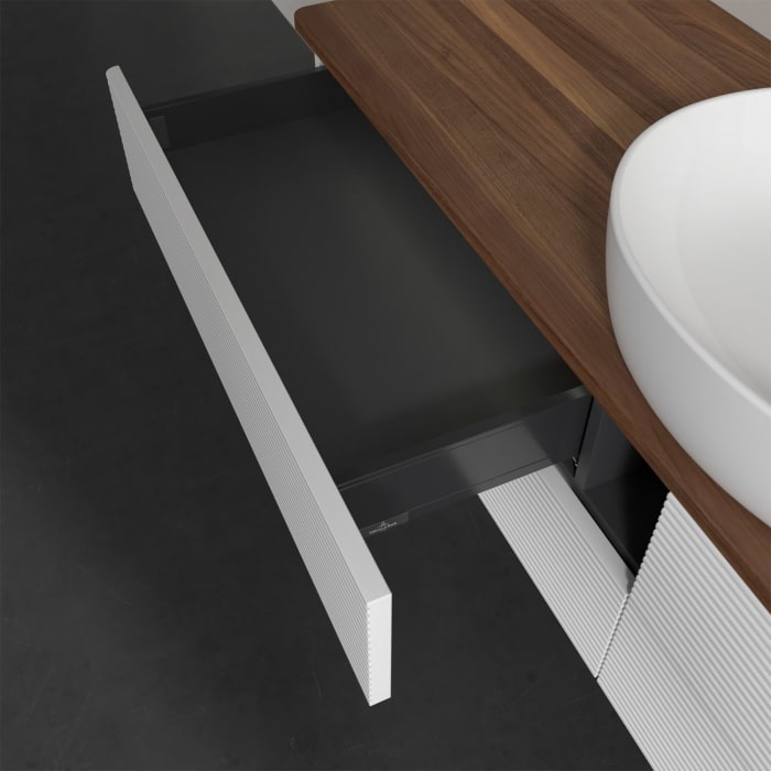 Villeroy & Boch Antao Waschbeckenunterschrank, 160 x 36 cm, 4 Auszüge mit LED-Licht, Front mit Struktur, mit Hahnloch, für Waschtisch mittig