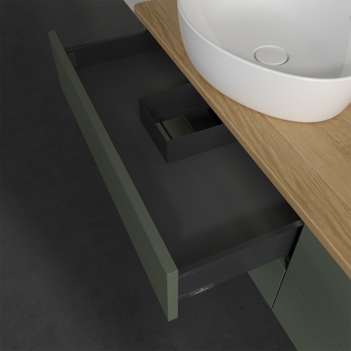 Villeroy & Boch Antao Waschbeckenunterschrank, 160 x 36 cm, 4 Auszüge mit LED-Licht, Front ohne Struktur, mit Hahnloch, für Waschtisch links