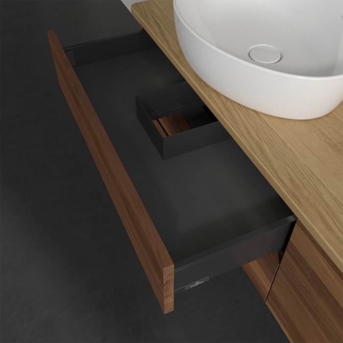 Villeroy & Boch Antao Waschbeckenunterschrank, 160 x 36 cm, 4 Auszüge mit LED-Licht, Front ohne Struktur, mit Hahnloch, für Waschtisch links