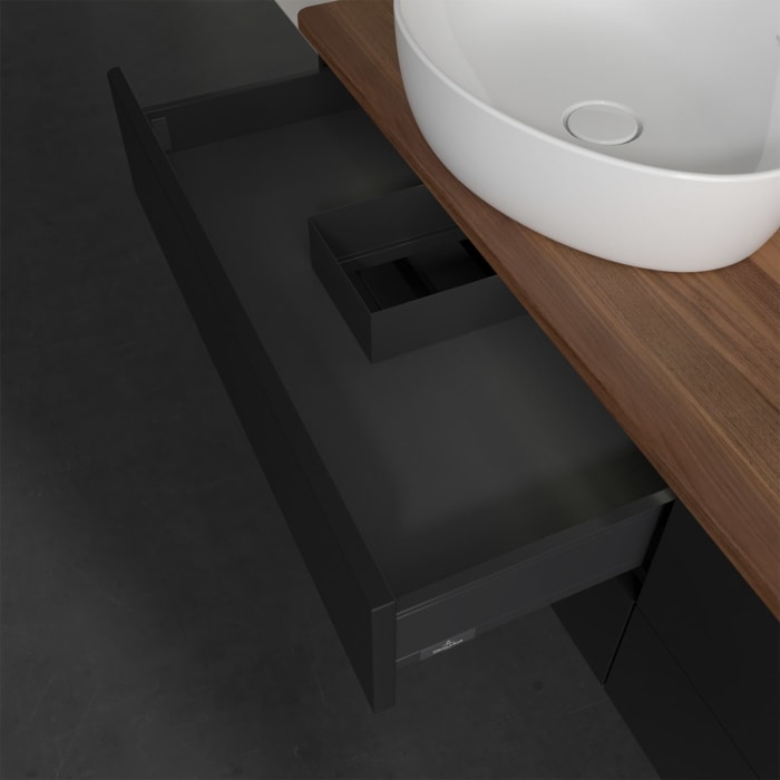 Villeroy & Boch Antao Waschbeckenunterschrank, 160 x 36 cm, 4 Auszüge mit LED-Licht, Front ohne Struktur, mit Hahnloch, für Waschtisch links