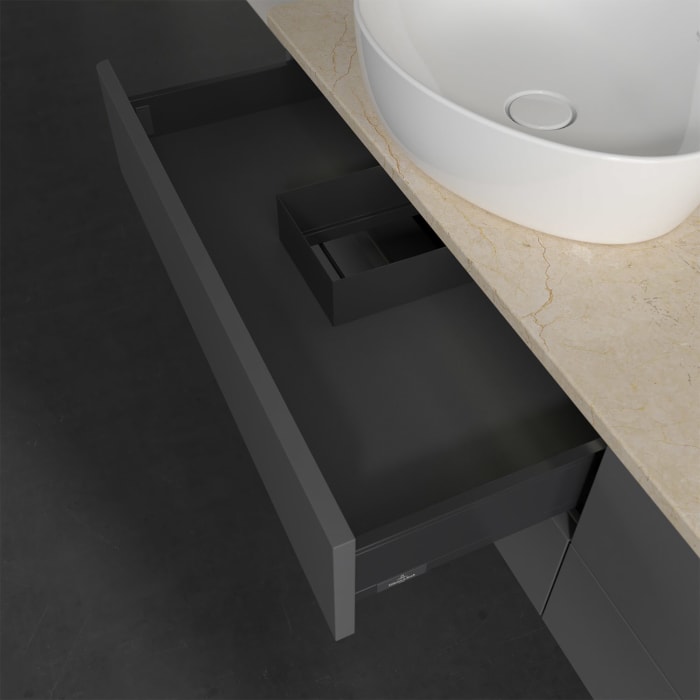 Villeroy & Boch Antao Waschbeckenunterschrank, 160 x 36 cm, 4 Auszüge mit LED-Licht, Front ohne Struktur, mit Hahnloch, für Waschtisch links