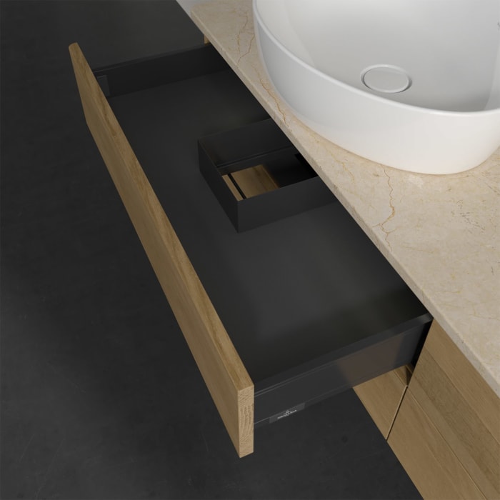 Villeroy & Boch Antao Waschbeckenunterschrank, 160 x 36 cm, 4 Auszüge mit LED-Licht, Front ohne Struktur, mit Hahnloch, für Waschtisch links