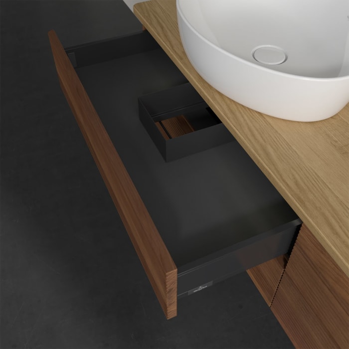 Villeroy & Boch Antao Waschbeckenunterschrank, 160 x 36 cm, 4 Auszüge mit LED-Licht, Front mit Struktur, ohne Hahnloch, für Waschtisch links