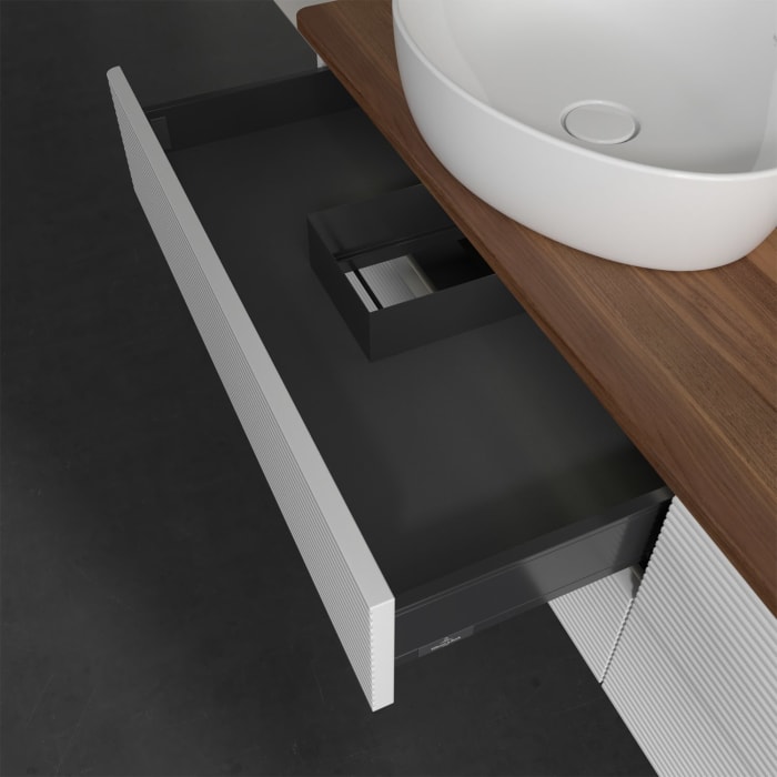 Villeroy & Boch Antao Waschbeckenunterschrank, 160 x 36 cm, 4 Auszüge mit LED-Licht, Front mit Struktur, ohne Hahnloch, für Waschtisch links