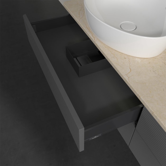 Villeroy & Boch Antao Waschbeckenunterschrank, 160 x 36 cm, 4 Auszüge mit LED-Licht, Front mit Struktur, ohne Hahnloch, für Waschtisch links